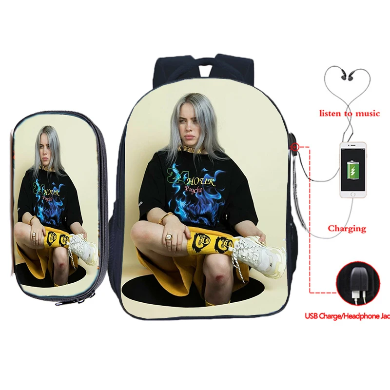 Billie Eilish рюкзак для зарядки через usb 2 шт./компл. школьная сумка для подростков мальчиков и девочек рюкзак для ноутбука пенал Дорожная сумка на плечо