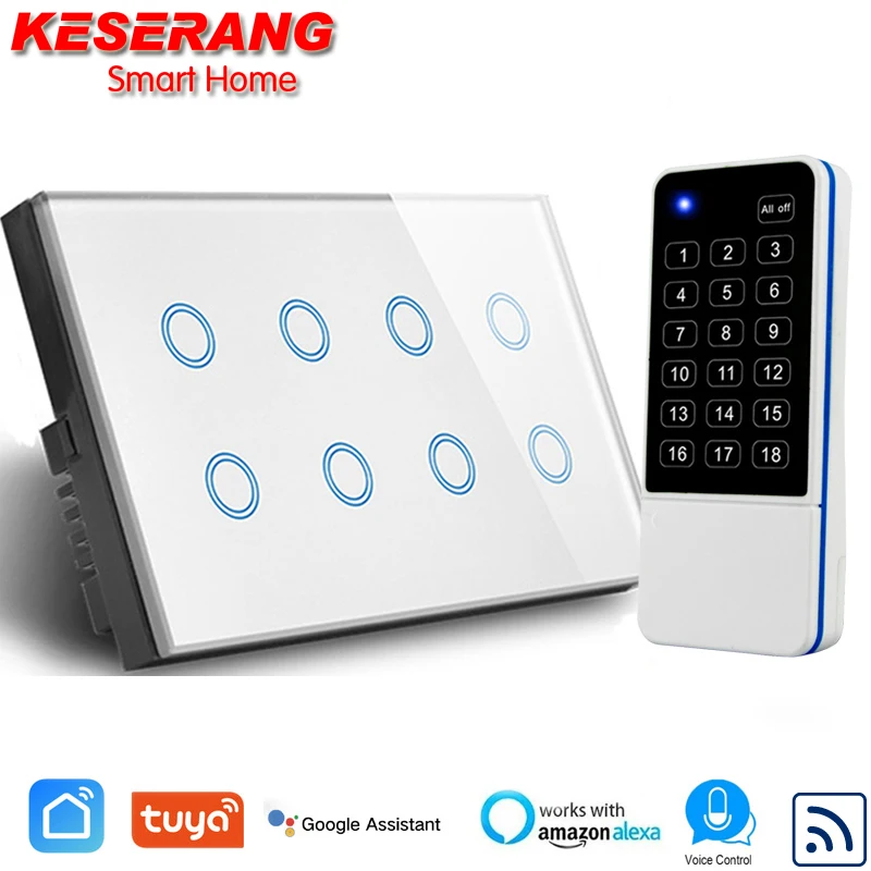 

Wifi Smart Touch Light Wall Switch Interruptor Glass Panel 8 Gang Touch/Remote/Tuya App Control,Compatible Alexa Google