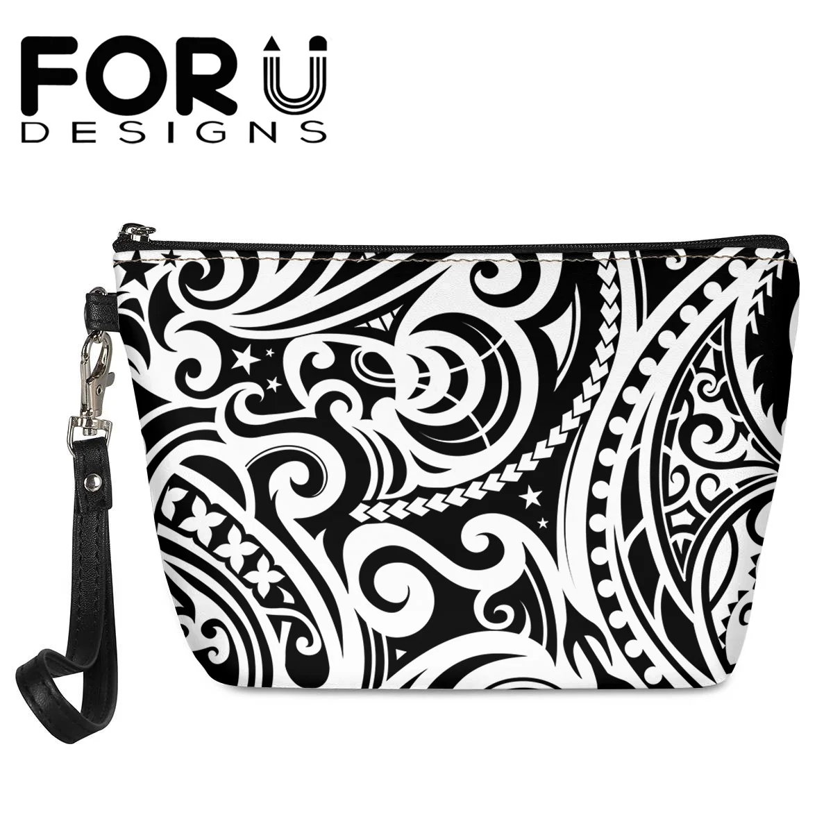 

FORUDESIGNS Women Cosmetic Bag Black And White Polynesian Tattoo Print Girls Fashion Portable Multifunction Travel Make Up Case