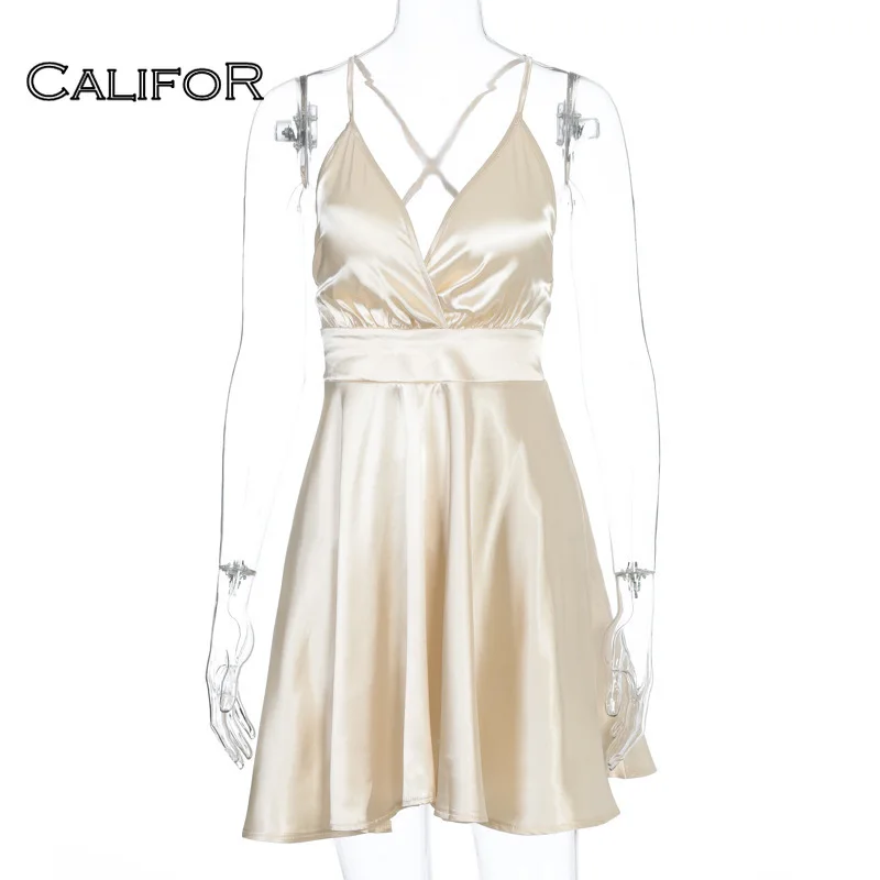 

Satin Suspender Deep V-neck Sundress Cross Strap Backless Dress A-line Pink Dresses for Women 2021 Summer Elegant Party Dess