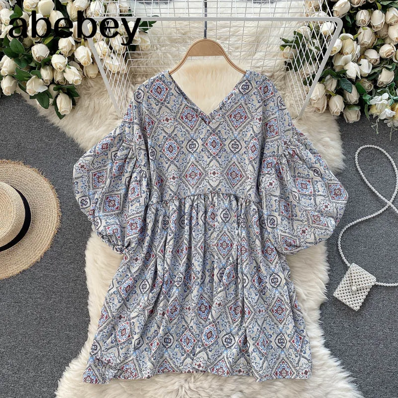 

Women Retro Print Dress V Neck Puff Sleeve Lace Up A-line Casual Dresses Spring Korean Chic Streetwear Midi Dress