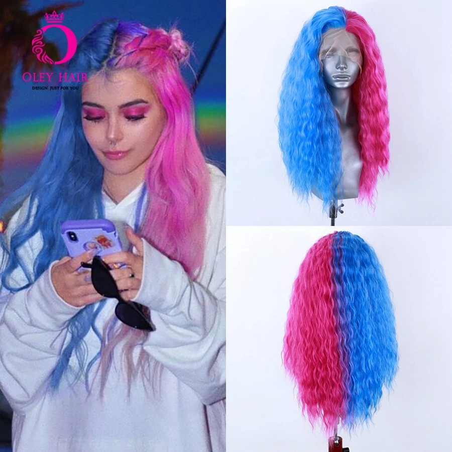 Blue Half Pink Synthetic Lace Front Wig Heat Resistant Long Deep Wave Drag Queen Cosplay Wigs For Black Women OLEY