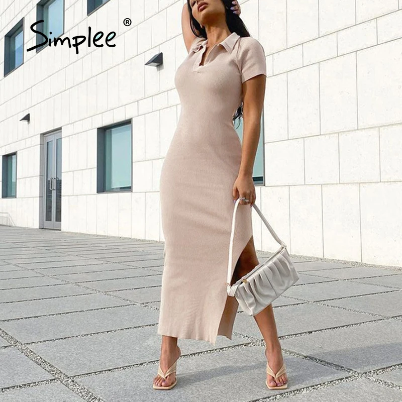 

Simplee Sexy Polo V-neck short-sleeved knitted bodycon dress women Khaki single side slit vestido Casual slim elastic long dress