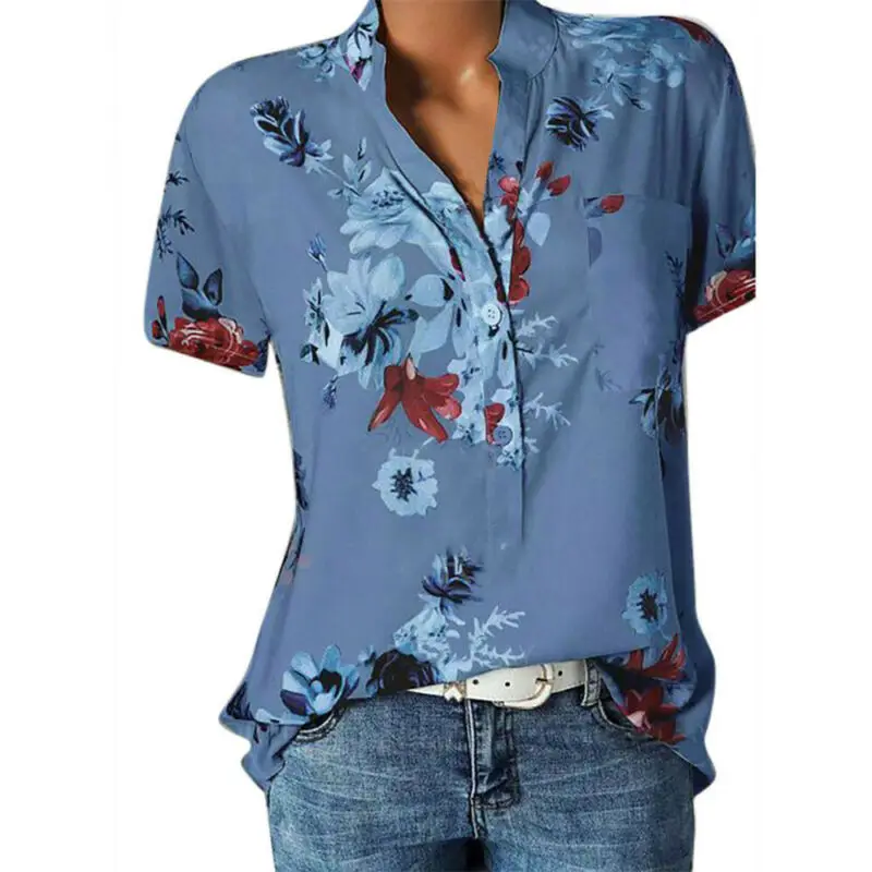 

Women Floral Short Sleeve V-Neck Blouse Holiday Summer Casual Basic Button Top