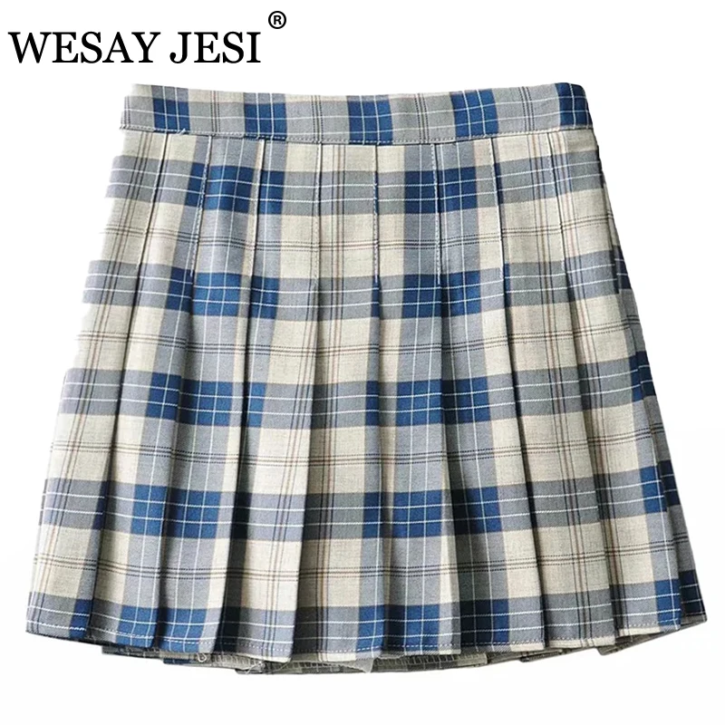 

WESAY JESI Pleated Mini Skirt Harajuku 2021 With Lining High Waist Zipper Up Casual A Line Skirt With Belt Solid Versatile Skirt