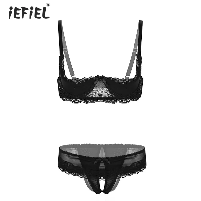 

Sex Women See Through Sheer Lace Spaghetti Straps 1/4 Cup Unlined Shelf Bra with Crotchless Briefs Underwear Lingerie Exotic Set