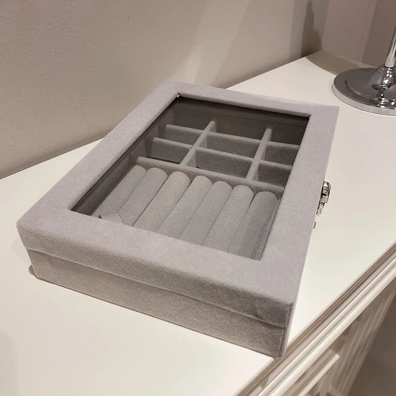 Fashion Velvet Jewelry Storage Box Transparent Glass Ring Earring Bracelet Necklace Display Large Space Jewelry Holder For Women
