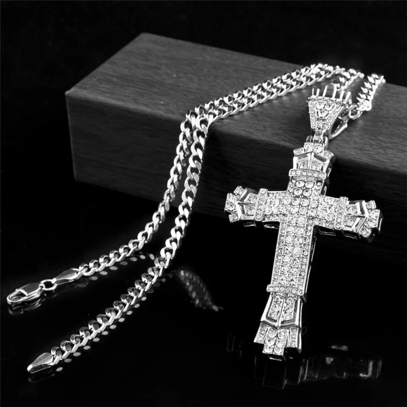 

Shiny Zircon Cross Pendant Necklace for Men Women Byzantine Chain Cross Amulet Jewelry