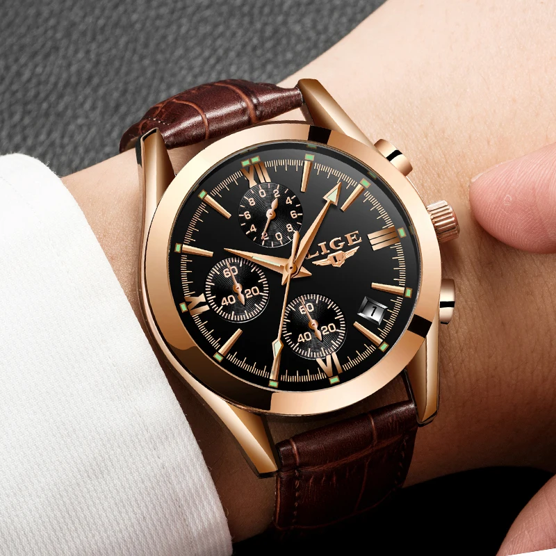 Montre homme LIGE модные золотые Для мужчин s часы кожа аналоговые кварцевые часы Для мужчин возможностью погружения на глубину до 30 м Водонепроницаемый спортивные с секундомером и календарем, мужские часы+ коробка