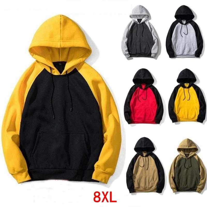 

Men's large size colorblock hooded sweatshirt plus size 6XL 7XL 8XL autumn and winter long sleeve pocket fleece warm hip hop