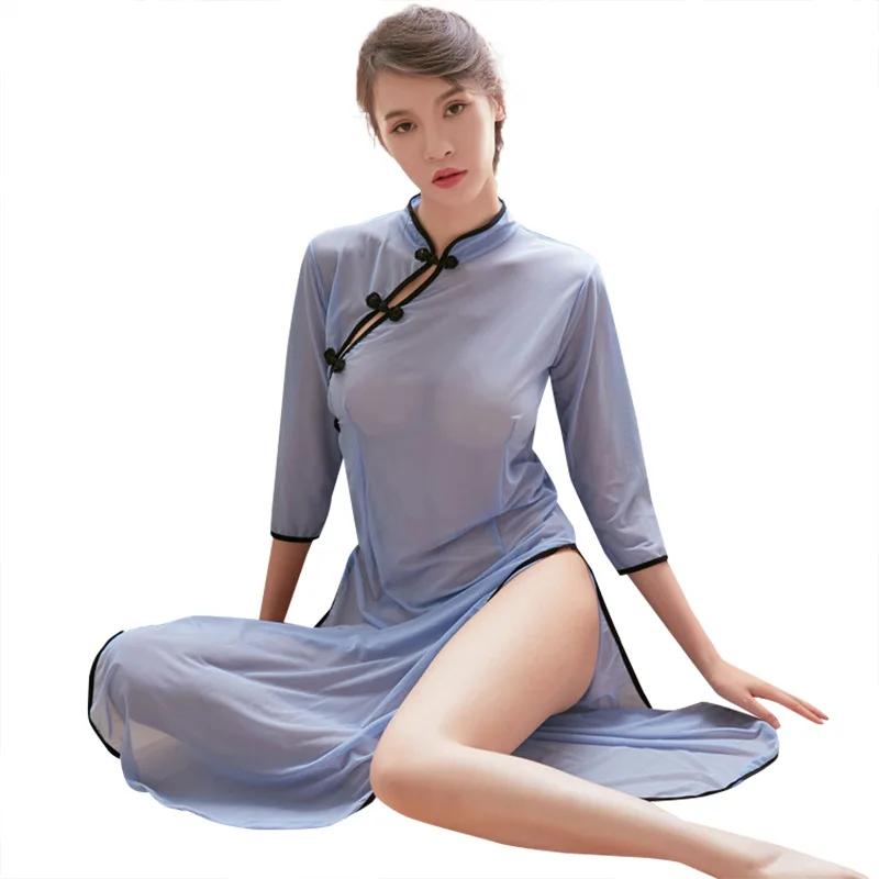 

HYRAX Sexy Transparent Cheongsam Student Split Long Cheongsam Suit Sexy One-piece Female Pajamas Sexy Nightwear