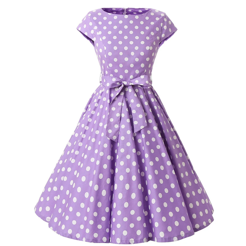 

Women Elegant Vintage Retro Polka Dot Dress Purple Lilac Cap Sleeve Summer Dress Feminino Vestidos VD0229