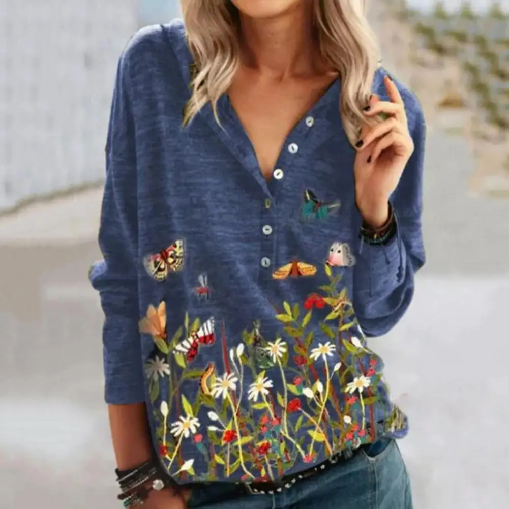 Женская винтажная рубашка с V-образным вырезом и длинным рукавом | одежда