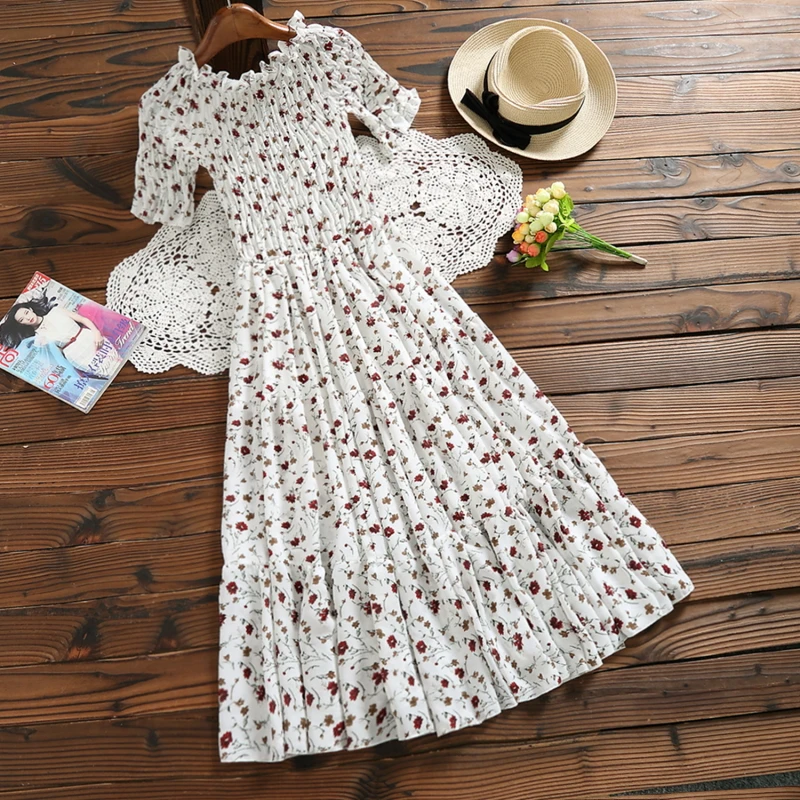 

2019 New Arrival Shudaji Vintage A-line Floral Short None Knee-length Petal Sleeve Empire Slash Neck Summer China (mainland) Dre