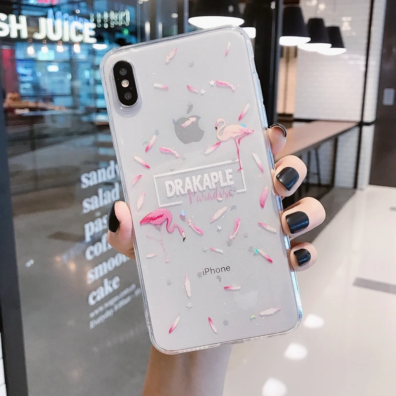 Для iPhone 6 6s 7 8 Plus 10 X XS XR Max Фламинго Блестящий Мягкий силиконовый прозрачный чехол