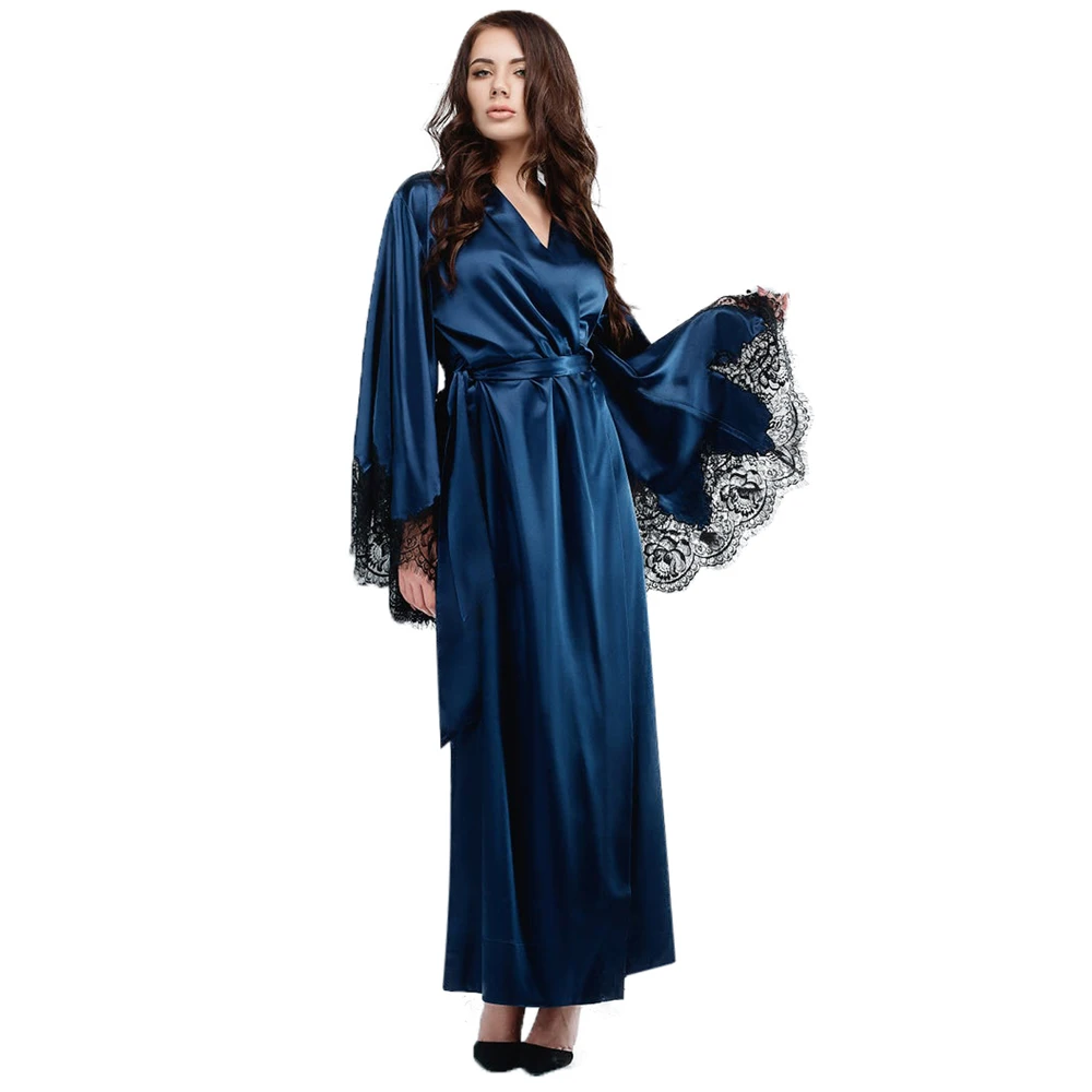 Women's robe nightgown kimono bathrobe pure silk long blue satin blue lace trim other colors can be customized