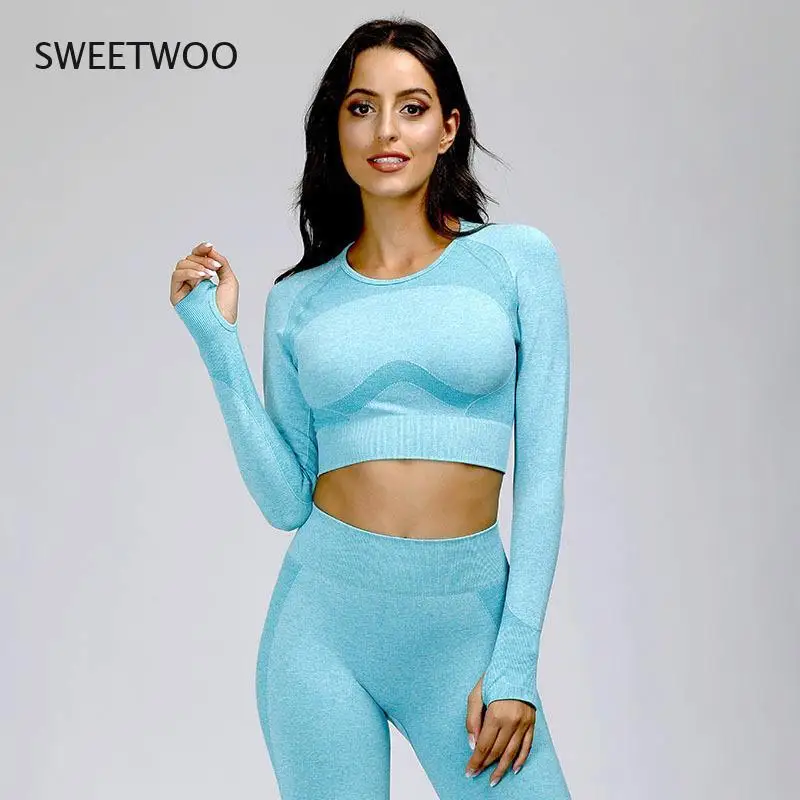 

Женский спортивный костюм, топ для йоги, футболка с длинным рукавом, бесшовная Спортивная одежда для йоги, одежда для бега, Женский комплект ...