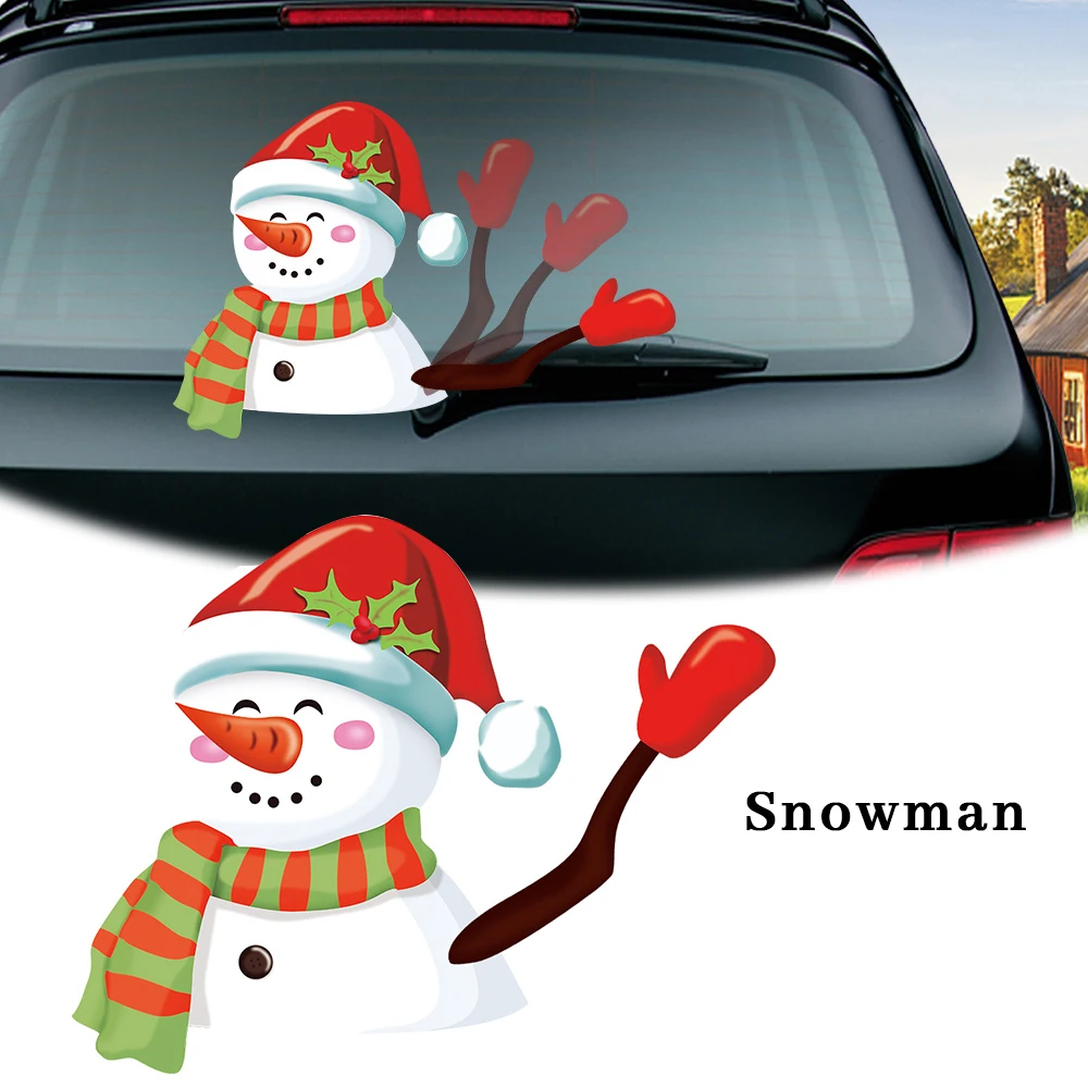 

Christmas Car Stickers with Adhesive Buckle Belt Removable Reusable Santa Claus Snowman Waving Wiper Decals Rear Wind Decor