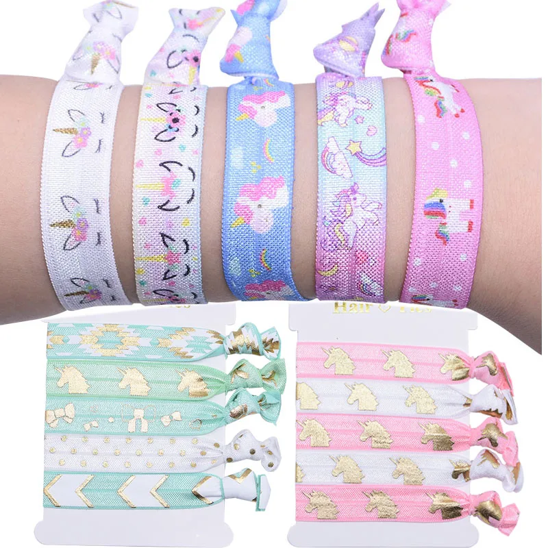 

5pcs Unicorn Theme Party Decorat Colorful Hair Ties Bracelet Baby Shower Birthday Favors Ornaments Girls' Unicorn Cloth Hairband