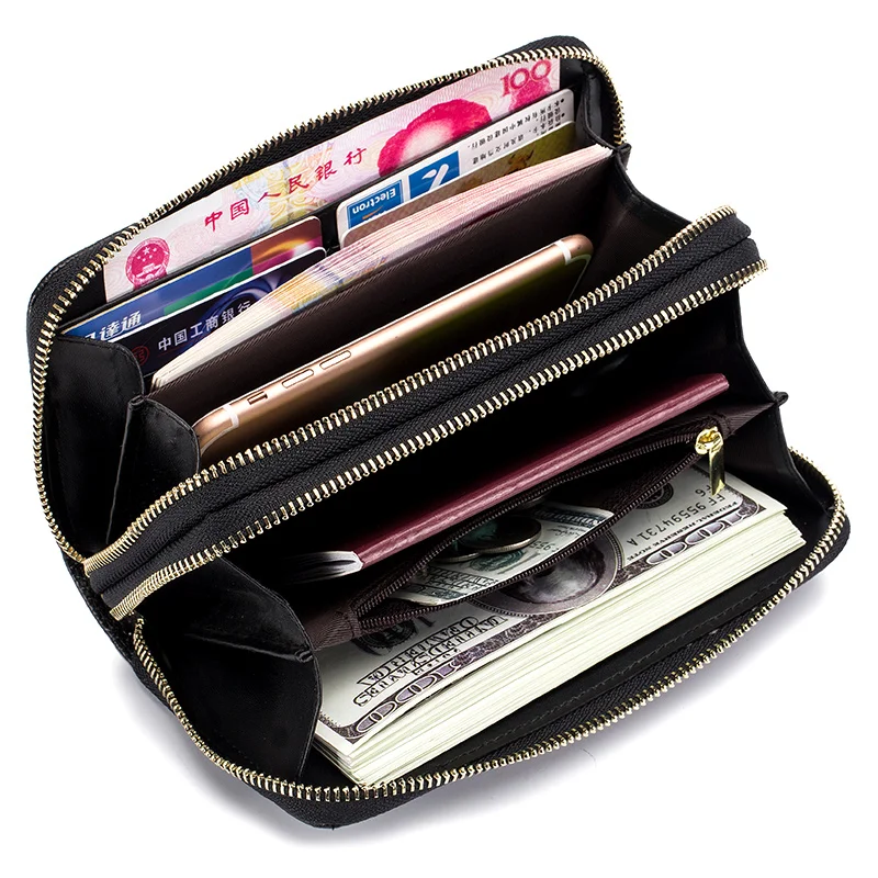 Women Wallet Double Zipper   First Layer Cowhide Large Capacity Long Clutch  Genuine Leather Purse New Mobile Phone Bag Wallet