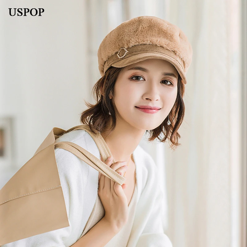 USPOP 2019 Women newsboy caps thick warm winter diamond buckle military patchwork velvet flat top visor |