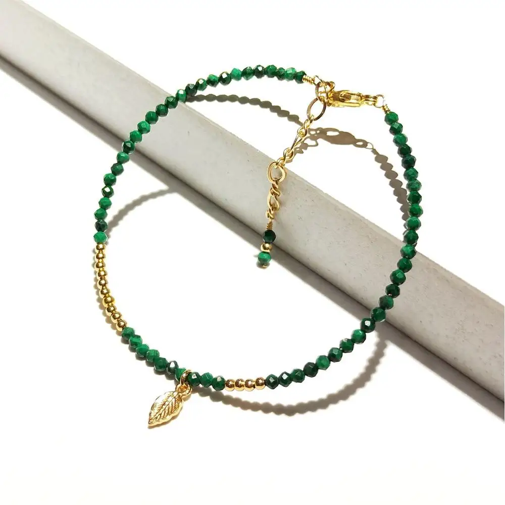 

Lii Ji 2mm Green Malachite Sparkling Beads With 925 Sterling Silver Leaf Charm Bracelet American 14K Gold Filled Bracelet 17+3cm