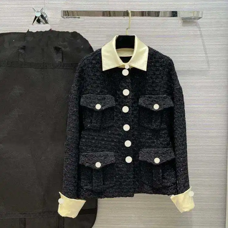 

Женский твидовый пиджак в клетку, приталенный жакет с отложным воротником и длинным рукавом, четыре кармана, весна-осень