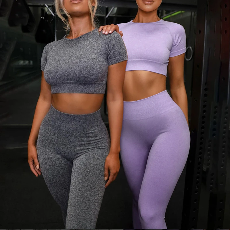 

4PCS Seamles Sport Set Women Purple Two 2 Piece Crop Top T-shirt Bra Legging Sportsuit Workout Outfit Fitness Wear Yoga Gym Sets