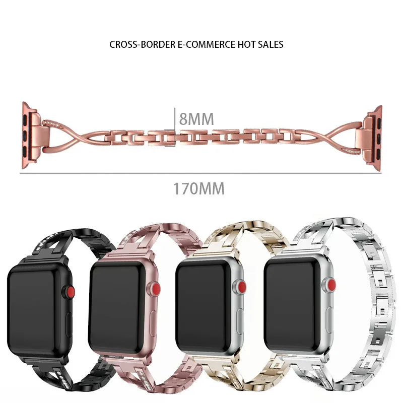 

For Apple Watch Band Stainless Steel Women Watchband X-shape Rhinestone Metal Watch Strap 38mm 40mm 42mm 44mm for Women