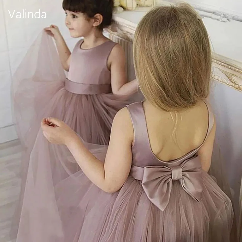 

Tank Flower Girl Dresses with Bow Sash Long Little Princess Formal Gowns Wedding Birthday Party Kids Clothing