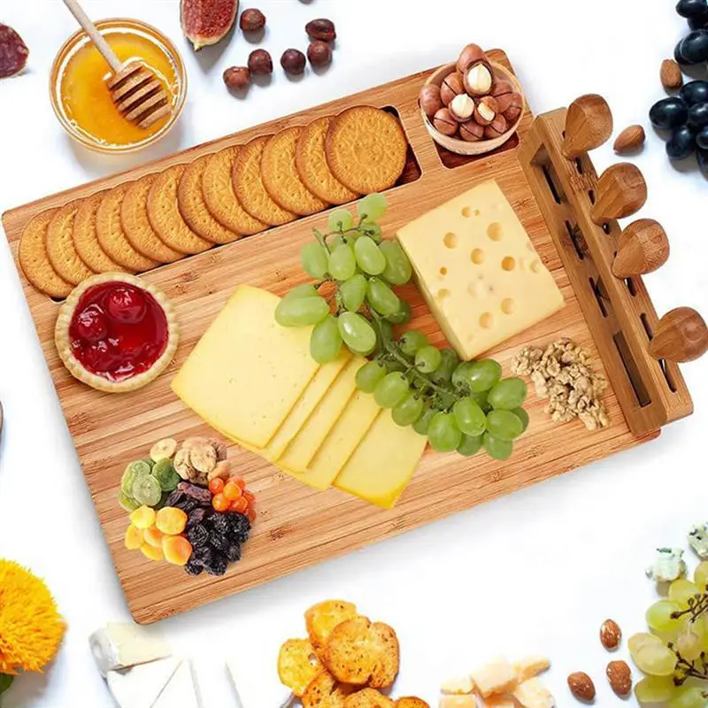 

1 Set Bamboo Cheese Board Cutting Board with Stainless Steel Knives Cheese Tray Charcuterie Boards Extra Large