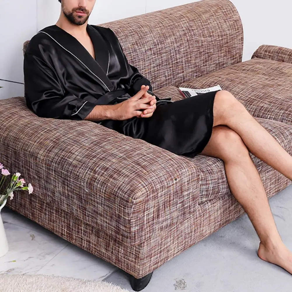 

Men Nightgown Long Sleeve Robe Large Size Black Bathrobe Comfortable Sleepwear Imitation Silk with Pockets Waist Belt Home Gown