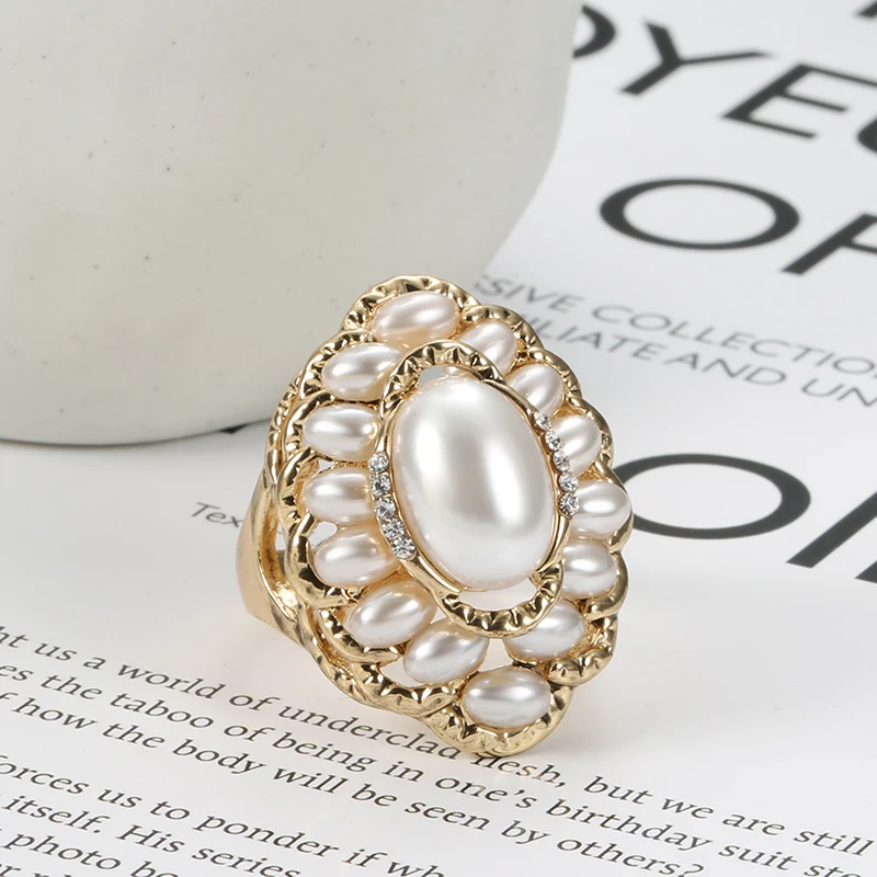 Kinel 2020 New Boho Pearl Ring For Women Fashion Gold Color Austrian Crystal CZ Big Rings Wedding Jewelry Drop Shipping images - 6