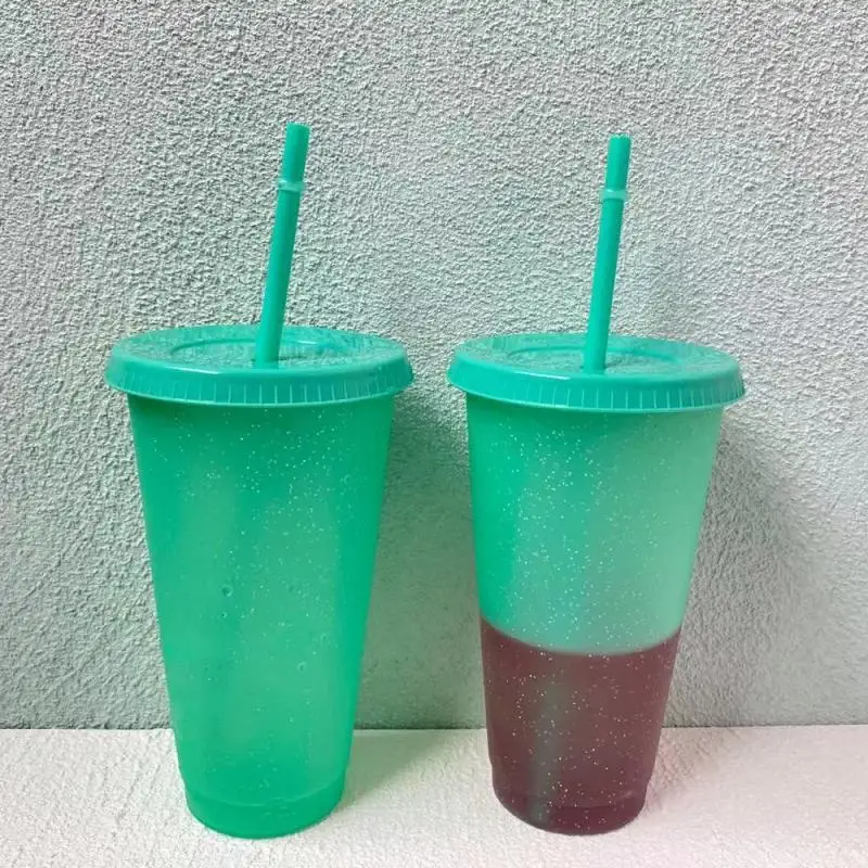 

700ml / 24oz Straw Cup With Lid Color Changing Coffee Cup Reusable Cups Single Layer Temperature Sensitive Flash Powder Cup