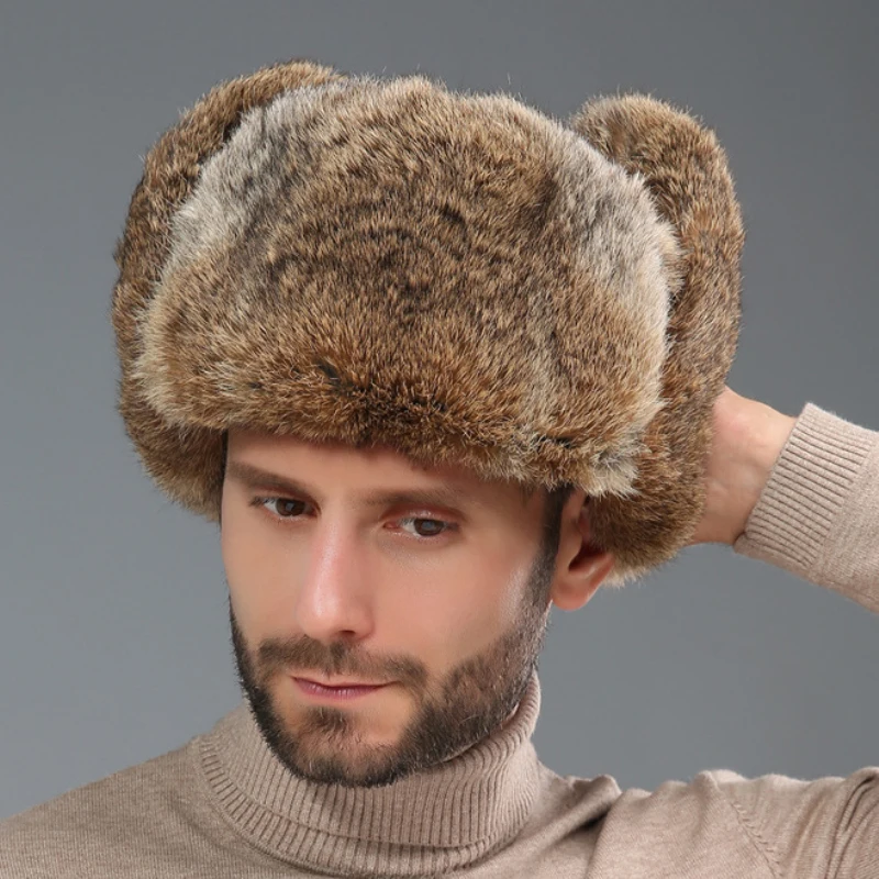 Thick Warm Bomber Hat Men Real Rabbit Fur Earflap Trapper Outdoor Russian Cap Male Plus Size Winter Hats Ski Russian Hat