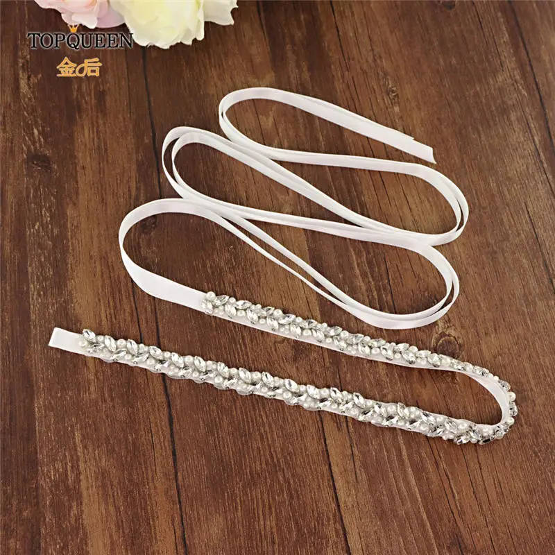 White TOPQUEEN S383-S Wedding dress belt pearl Sliver diamond belt luxury rhinestone belt rhinestone trim applique bridal belt - Цвет: White
