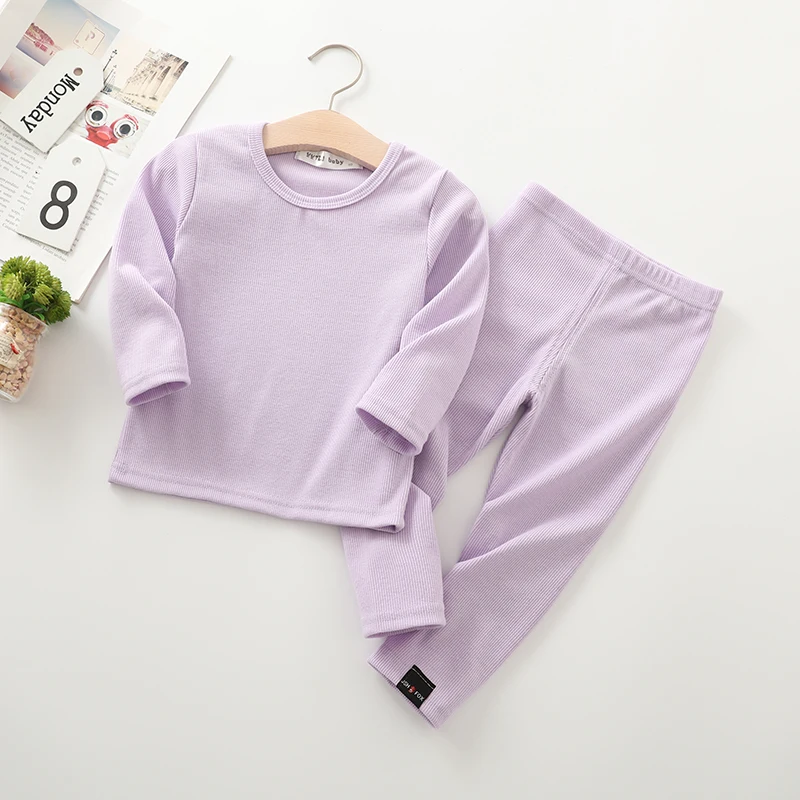 Purple Модная детская одежда в рубчик, Детская Пижама для девочки, пижама для мальчиков, детская одежда осенне-зимний комплект для малышей, мягкий и удобный комплект из 2 предметов - Цвет: Purple