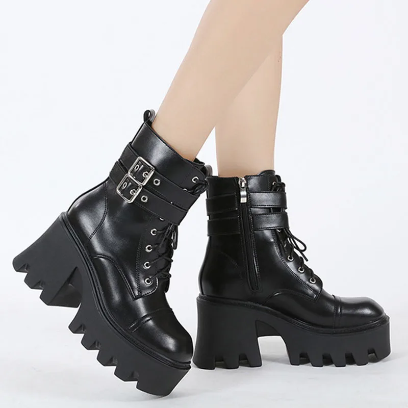 Женские ботинки на массивном каблуке с пряжкой резиновой подошве - купить по