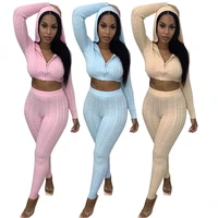 solid knitted women two piece sweater set long sleeve zipper sweater hooded top and comfortable stretchy skinny pant solid sets