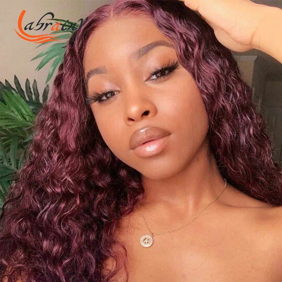 

Бордовый кудрявый HD кружевной передний парик 99J из человеческих волос Remy, цветные темно-красные 13x 4 передние парики на сетке, полностью черн...