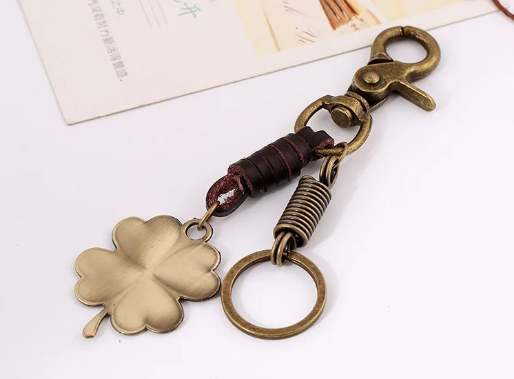 Модные Винтаж металический брелок для ключей с Кожа сплав Клевер четырехлистный