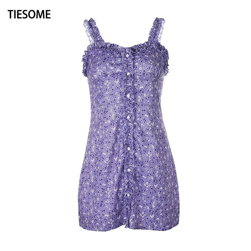 

TIESOME Summer Purple Stringy Selvedge Sexy Women Mini Dress Clothing Female Sleeveless V-Neck Slim Skinny Dresses Lady Party