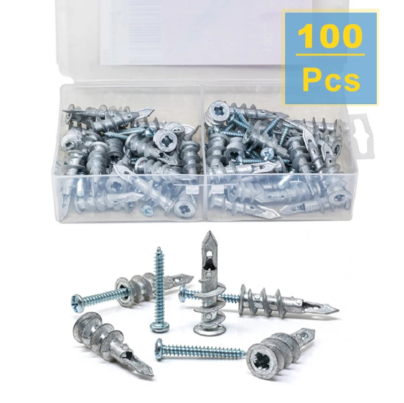 

Self Drilling Drywall Anchors E8 13x41mm with8x1-1/4 Pan Head Screws Kit,Plasterboard Fixings Cavity Wall Speed Plug 100Pcs