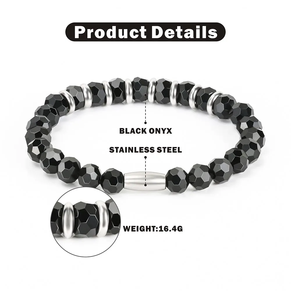 Браслет BOFEE из бусин натурального черного оникса стальная веревка стрейчевая
