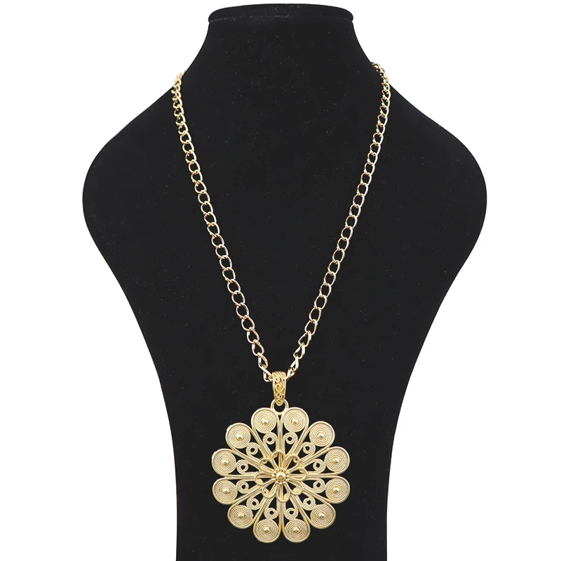 

1 x Matt Gold Color Large Abstract Round Boho Spiral Flower Metal Jewellery Pendant Necklaces on Long Link Chain Lagenlook 34"