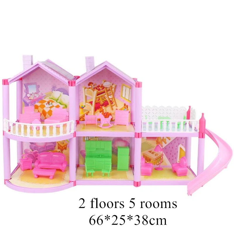 

Princess Big Villa DIY Dollhouses casa muecas Pink Castle Play House With Slide Yard Kit Assembled Doll House Toys