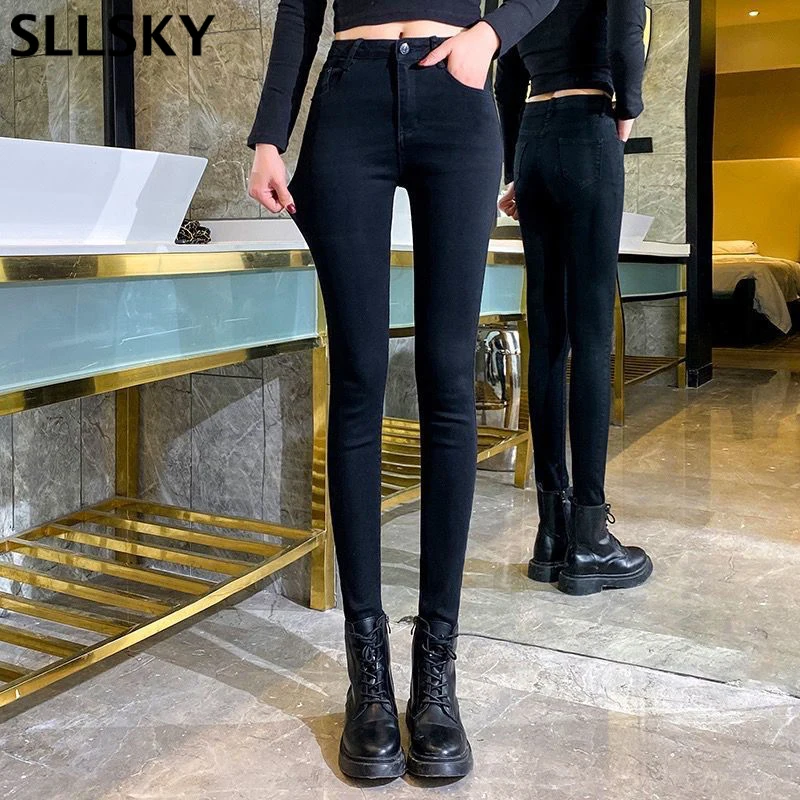

SLLSKY стрейч с высокой талией, женские джинсы размера плюс обтягивающие джинсы промытый карандаш штаны корейские узкие эластичные джинсовые ...
