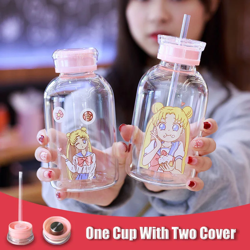 Kawaii Glass Taza Sailor Moon Bottles 450ml Kawaii Soup Cup Cute Drink Bottle Cups Glass Water Bottle With Straw Glasses tequila