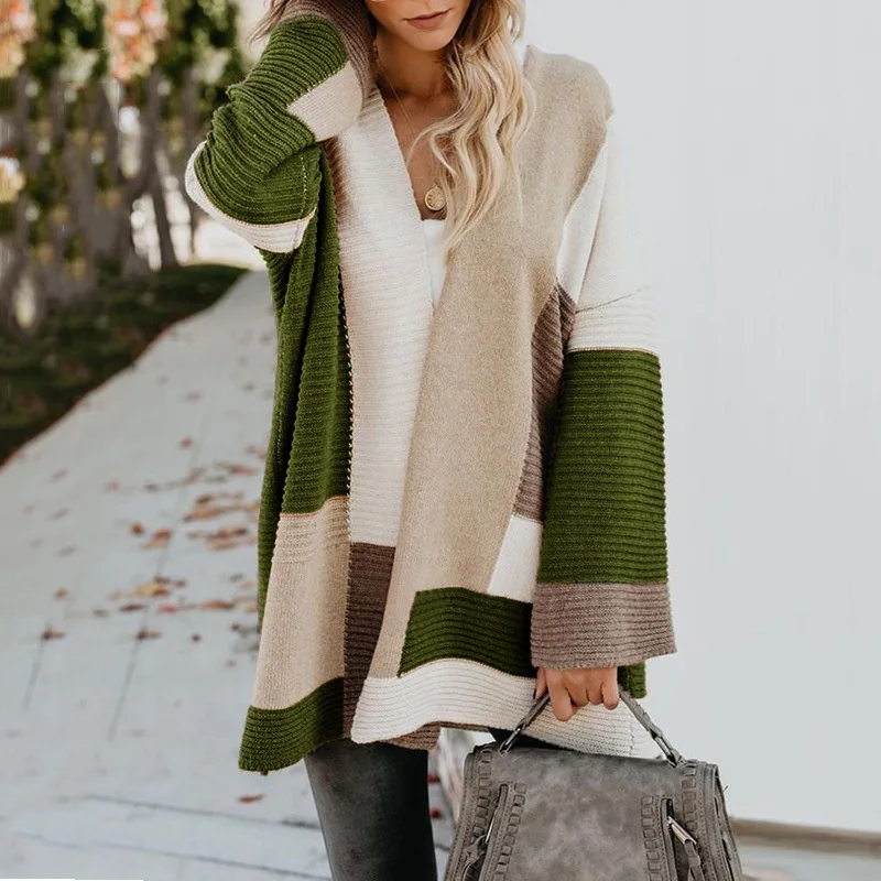 

Casual Commute Patchwork Long Cardigan Autumn Winter Jacket Knitting Outerwear New Long Sleeve Loose Knitted Sweaters Female Top