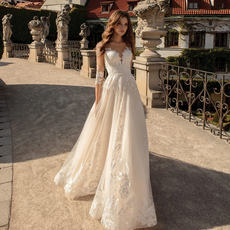 

Elegant 3/4 Sleeve Chanmpne Wedding Dresses 2021 A-Line Appliques Button Belt Sweep Train Tulle Bridal Gown Vestidos De Noiva